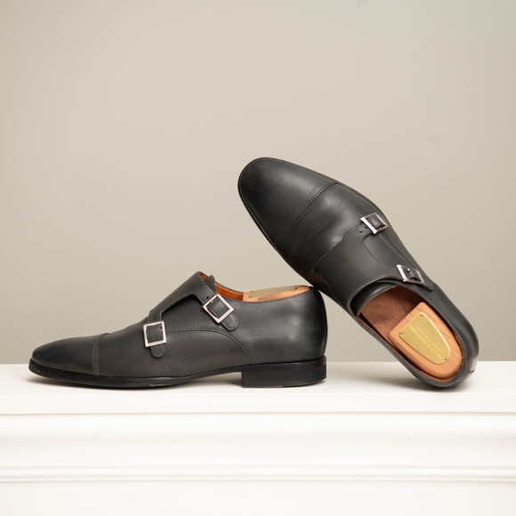 Wolf and Shepherd M9.5 Black Leather Double Monk Strap Dress Shoes Smart Casual